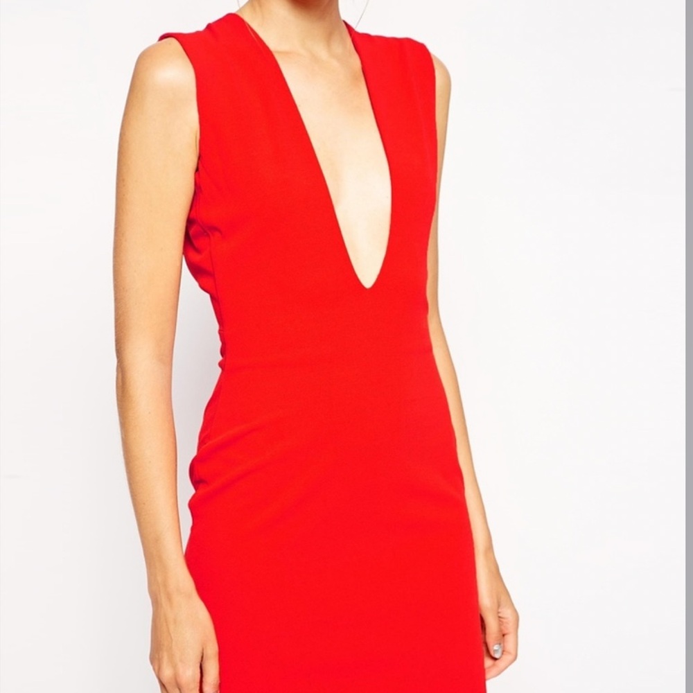 Solace London Vibrant Red Plunge Midi Dress